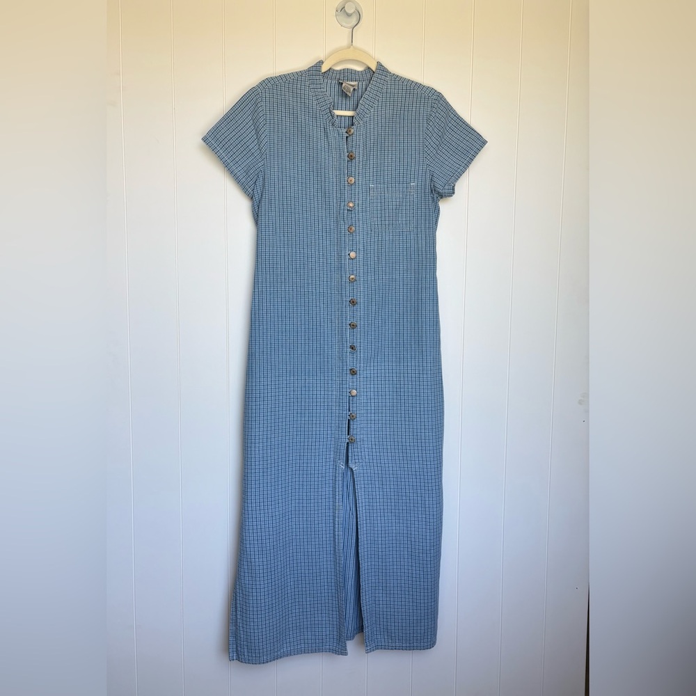 Vintage Button Down Slit Maxi Dress Blue Gingham Plaid Women’s Size 10 / Medium - Picture 2 of 10